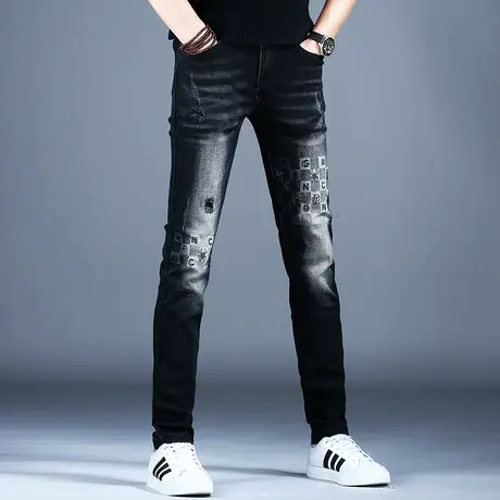 男士高端潮牌轻奢印花牛仔裤男款修身小脚破洞裤子秋冬季2023新款商品大图