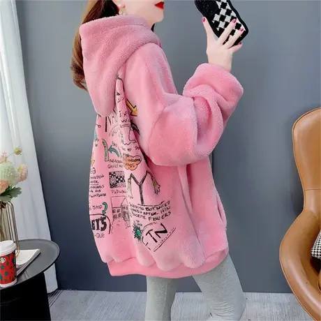 加绒加厚卫衣女爆款2022新款冬季宽松韩版洋气连帽羊羔毛外套上衣商品大图