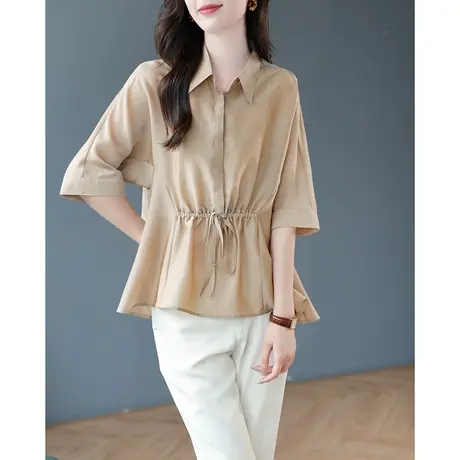 宝诗黎五分蝙蝠袖系带醋酸衬衫2023夏季新款纯色套头衬衣宽松女装商品大图