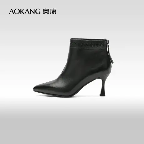 奥康女鞋 冬季真皮时尚踝靴瘦瘦靴尖头后拉链时装靴短靴商品大图