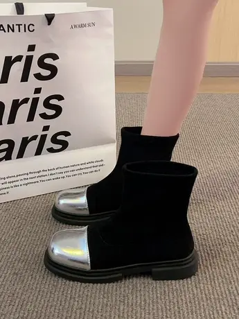 平底小香风短靴女鞋2023新款秋冬季气质拼色小众套筒瘦瘦马丁靴子商品大图