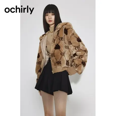 【七七酱专享】欧时力轻奢老花纹绒毛外套连帽宽松气质新款秋冬图片