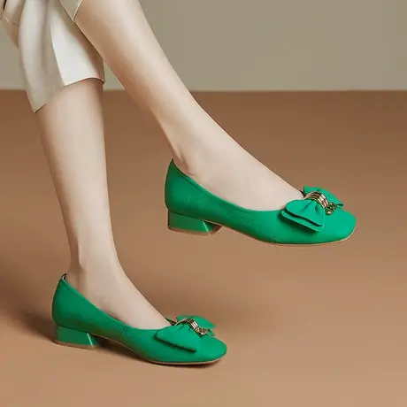 低跟粗跟简约单鞋女2023春季新款里外全真皮百搭蝴蝶结浅口软皮鞋商品大图