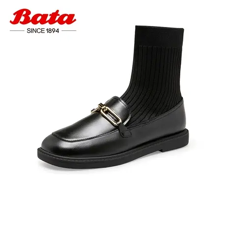 奥莱Bata乐福瘦瘦靴女秋冬季商场新款英伦牛皮厚底乐福鞋ALG45CZ2图片