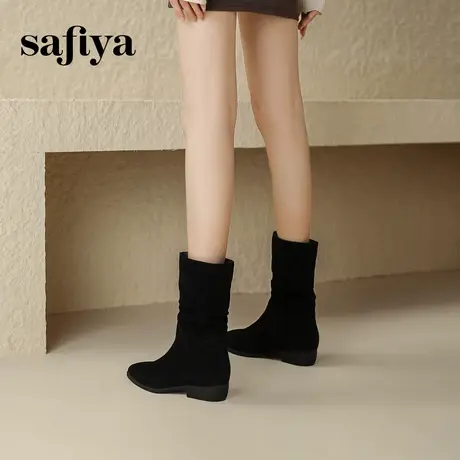 索菲娅西部牛仔骑士靴堆堆靴女显瘦2023秋冬新款复古加绒真皮短靴图片