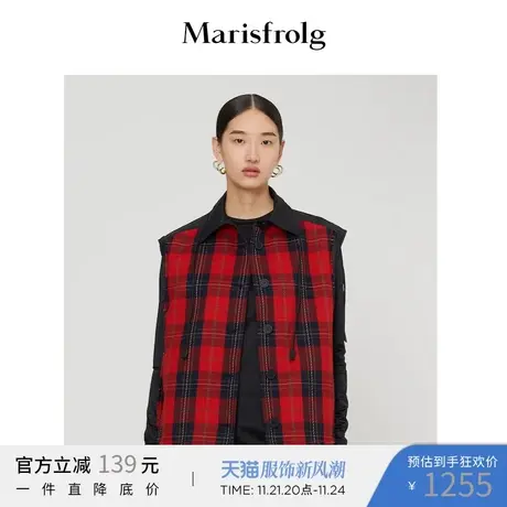 【商场同款】玛丝菲尔冬季新款纯羊毛红色格子马甲外套女商品大图