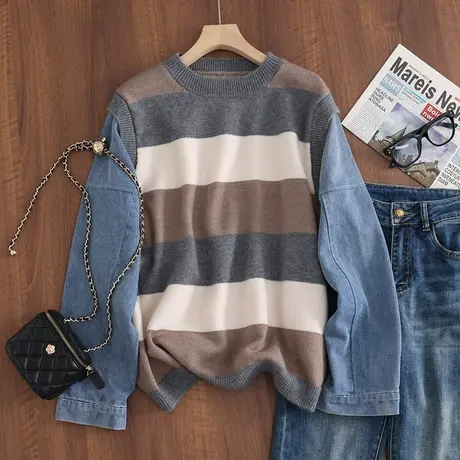 2023秋冬新款女士毛衣打底衫圆领套头宽松长袖针织衫条纹加厚上衣商品大图