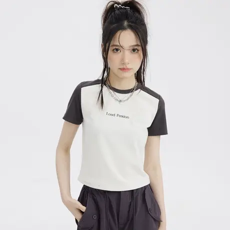 尔给撞色显瘦美式复古插肩袖t恤女2023新款修身短款上衣夏季女商品大图