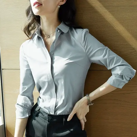 雀后职业衬衣女长袖2025春季工装上衣免烫工作服正装气质灰色衬衫商品大图