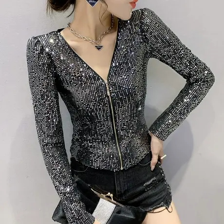 女装2024新款潮时尚亮片拉链开衫女上衣春秋长袖外穿短款外套马夹商品大图
