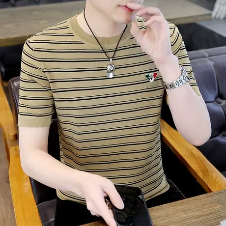 夏款条纹冰丝针织t恤男短袖潮流圆领半袖休闲透气弹力大码打底衫商品大图