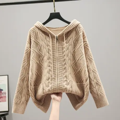 连帽衫针织衫拉链衫纯色毛衣女2023韩版宽松上衣女士百搭长袖外套商品大图