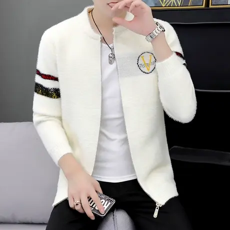 ins秋冬季针织开衫男仿貂绒外套外穿休闲情侣装上衣潮流个性夹克商品大图