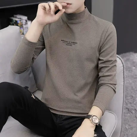 长袖t恤男纯色秋冬季男士加厚双面德绒半高领打底衫男保暖上衣潮商品大图