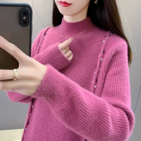 半高领毛衣女2024年春季新款钉珠水貂绒加厚针织衫套头打底衫内搭图片
