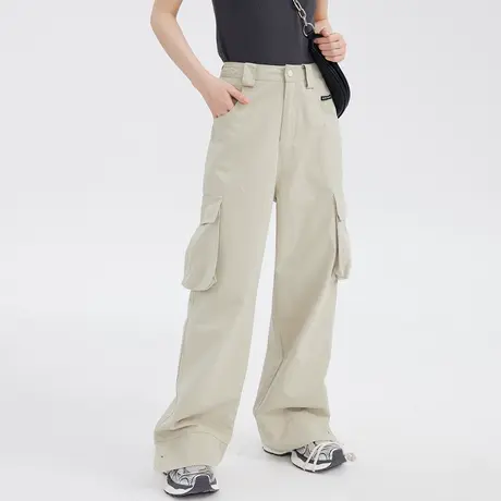 尔给美式复古工装裤夏季女2023新款小个子宽松高腰开叉阔腿裤薄款商品大图