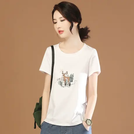 韩潮袭人圆领刺绣白色短袖T恤女203夏装新款休闲胖mm体恤衫上衣图片