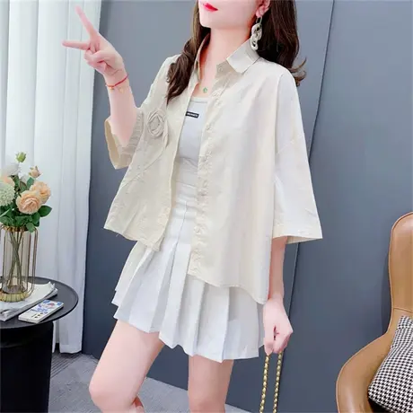 设计感立体花朵半袖衬衫女2023年新款夏季宽松洋气减龄时尚上衣潮商品大图