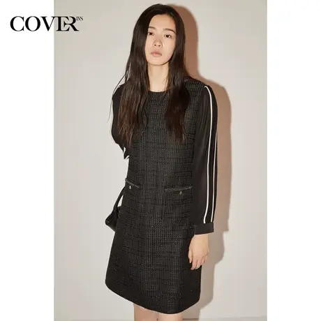 [小香风系列]COVER春秋时尚亮丝拼接雪纺袖显瘦连衣裙图片