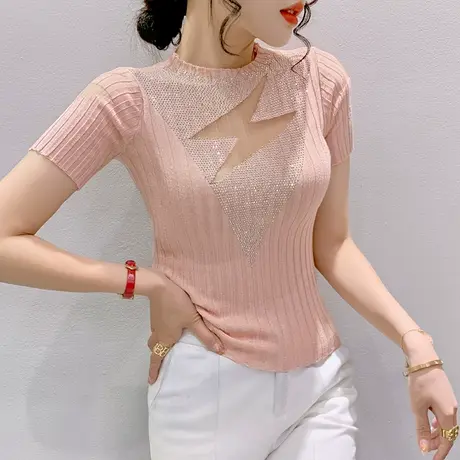 性感镂空针织短袖女夏季新款烫钻网纱拼接上衣紧身百搭T恤半袖ins商品大图