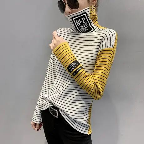 宽松毛衣女加绒加厚秋冬新款时尚条纹针织衫女短款套头高领打底衫图片