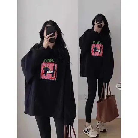 2024新款美式复古潮牌黑色卫衣女连帽外套秋冬季搭配鲨鱼裤的上衣商品大图