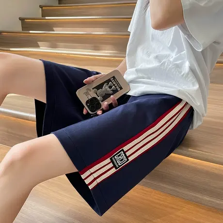 蓝色运动短裤女夏季薄款高腰直筒宽松显瘦阔腿中裤休闲五分裤子潮商品大图