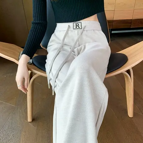 浅色针织窄版阔腿裤女2023秋冬新款高腰显瘦羊绒宽松垂感休闲裤子图片