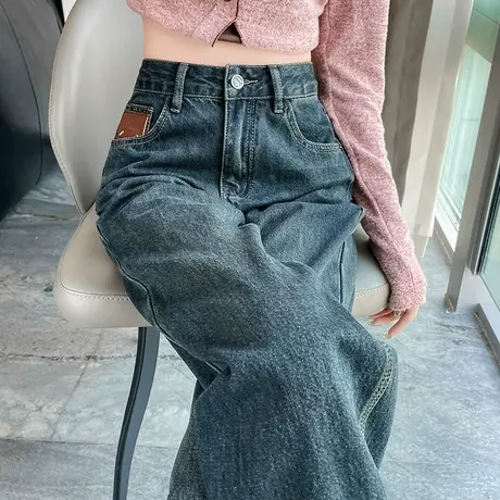 美式复古窄版阔腿牛仔裤女春秋季2023新款高腰直筒显瘦百搭拖地裤商品大图