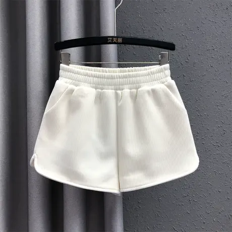 欧货侧边开叉休闲裤女2023秋季新款米白色松紧腰高腰百搭阔腿短裤图片