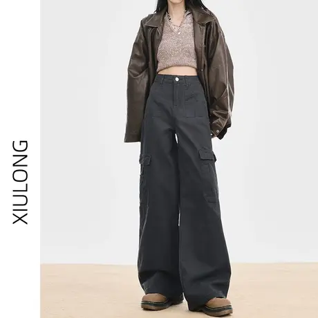 水泥灰高腰工装阔腿裤女春秋季2023新款显瘦直筒宽松爆款休闲裤子图片