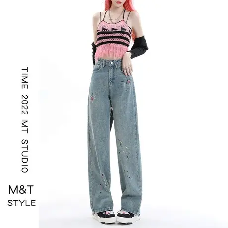 复古蓝宽松阔腿牛仔裤女2023年秋季新款设计感国风刺绣修身直筒裤图片