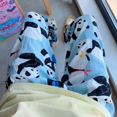 双层棉纱 成人版防蚊裤束脚口灯笼裤居家可外出长裤熊猫裤子图片