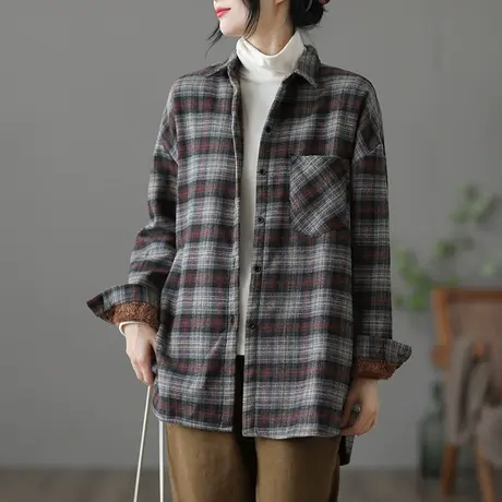 dza 文艺复古宽松加厚加绒衬衣女士衬衫冬季2022新款百搭宽松上衣图片