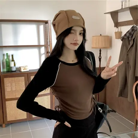 纯欲修身显瘦针织衫女秋季抽绳V领长袖t恤设计感小众辣妹短款上衣商品大图