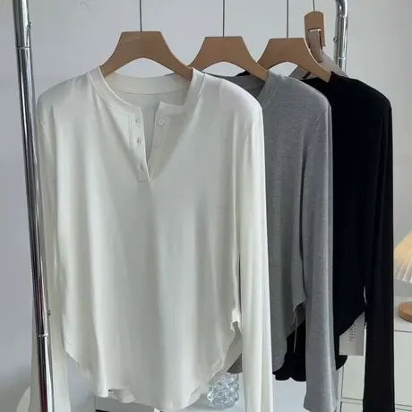 设计感~带垫肩螺纹棉长袖t恤女春秋简约百搭不规则下摆打底衫上衣图片