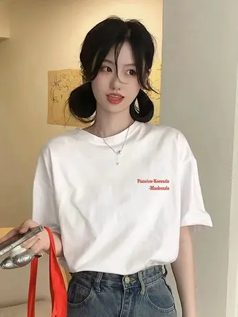 白色短袖情侣t恤女2023年新款春夏季正肩宽松ins潮设计感仿棉上衣商品大图