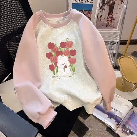 原宿风加绒女装卫衣chic复古秋冬大码外套潮ins洋气粉色拼接上衣商品大图