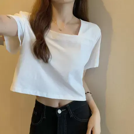 港风白色方领短袖T恤女韩版2024新款宽松ins潮设计感小众半袖上衣商品大图