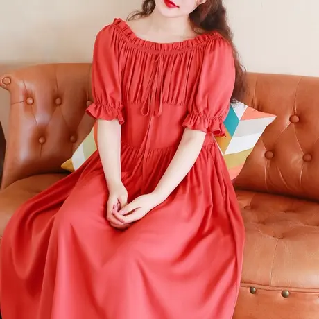 胖妹妹2025夏新品法式方领修身短袖连衣裙大码棉质复古长裙商品大图