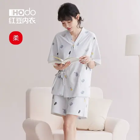 红豆女士睡衣棉质开襟居家可外穿夏季薄款短袖短裤日式家居服套装商品大图