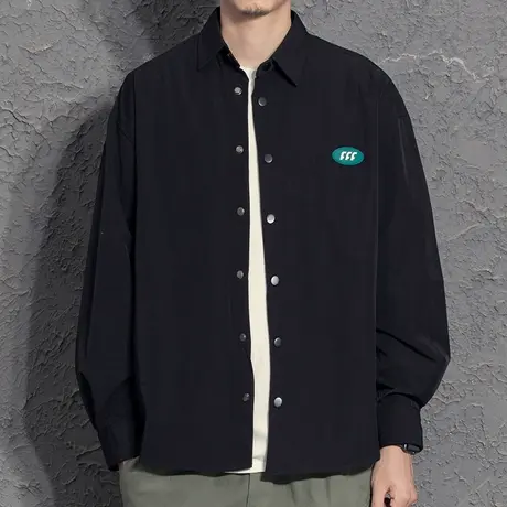 2021新款秋季衬衫男长袖休闲百搭痞帅男外套简约圆下摆衬衣春秋款图片
