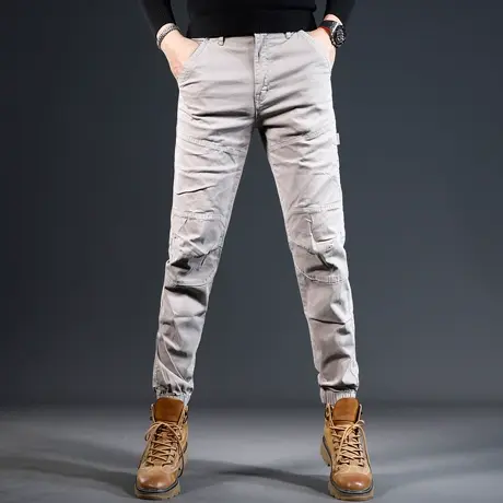 浅灰色工装裤男2023秋冬新款修身束脚男士潮流百搭轻奢休闲裤子男商品大图