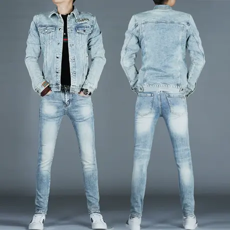 美式高街复古牛仔套装男士秋冬刺绣小脚修身牛仔外套上衣夹克男款商品大图