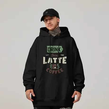 大码连帽美式重磅复古胖子男装潮流宽松做旧字母卫衣加绒加厚秋冬商品大图