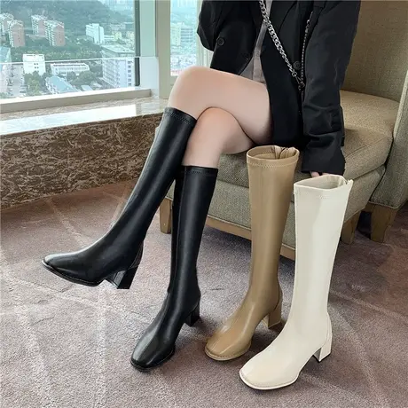 方头弹力靴女瘦瘦靴子2024新款秋冬加绒高跟长筒靴骑士靴女时装靴图片
