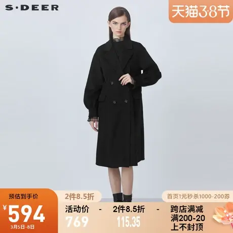 sdeer圣迪奥2021秋冬新品翻领双排扣泡泡袖长款毛呢大衣S21461827🔟图片