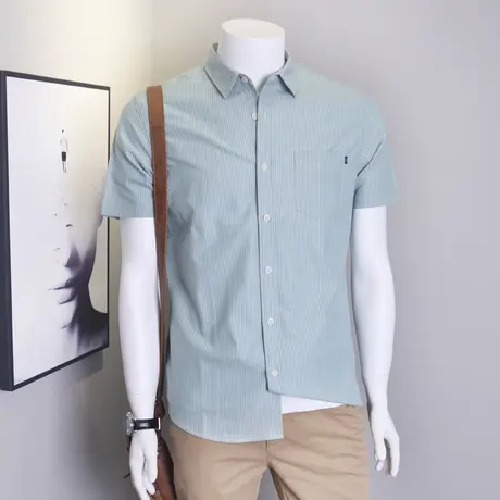 格慕施衬衫男短袖2023夏季牛津纺纯棉条纹春秋休闲长袖宽松衬衣服商品大图