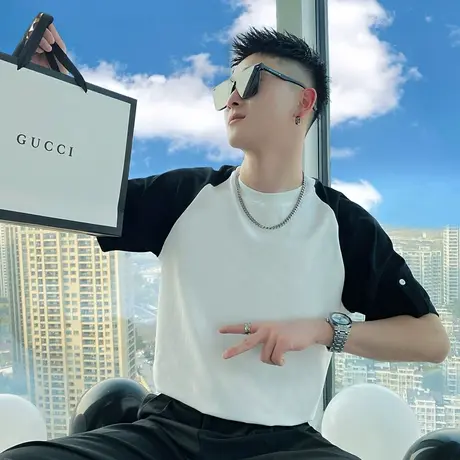 夏季男士t恤短袖半袖潮流撞色拼接个性流行半截袖插肩袖ins体恤商品大图