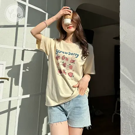 yoe23夏奶油黄草莓兔子可爱小个子少女减龄休闲时尚短袖t恤女上衣图片